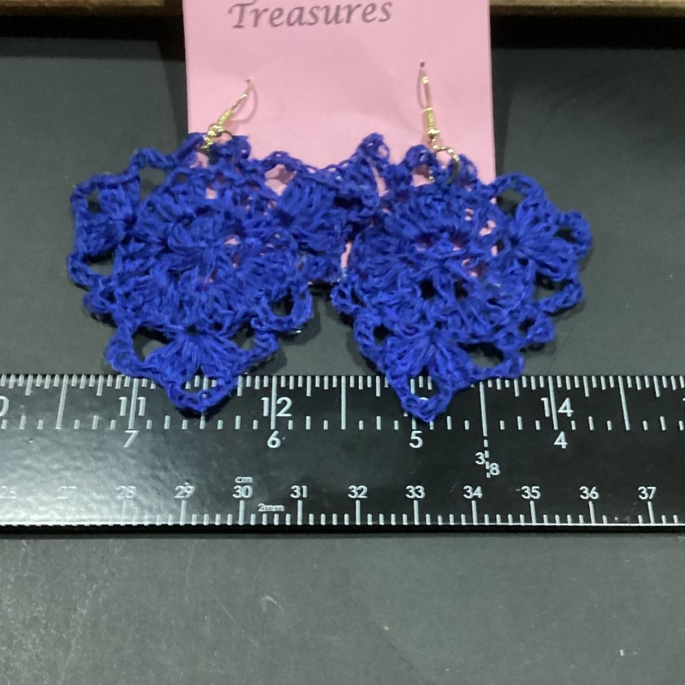 Earrings Royal Blue Triangle Crocheted Crochet Hand Crafted